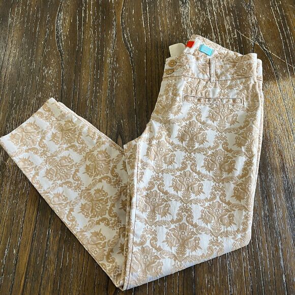 Anthropologie Cartonnier Charlie Ankle Pants | White & Tan Baroque Print Size 4 - Picture 11 of 13